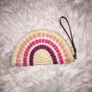Purple and pink striped straw purse